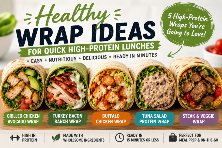 A variety of healthy high-protein wraps filled with grilled chicken, turkey, steak, tuna salad, and fresh vegetables arranged on a wooden table.