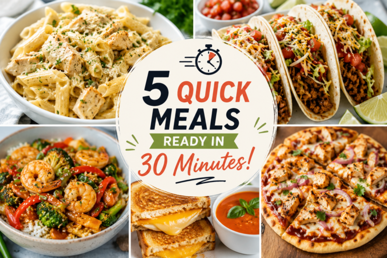 A colorful collage featuring five quick meals including creamy chicken pasta, beef tacos, shrimp stir-fry, grilled cheese with tomato soup, and BBQ chicken flatbread pizza ready in 30 minutes.