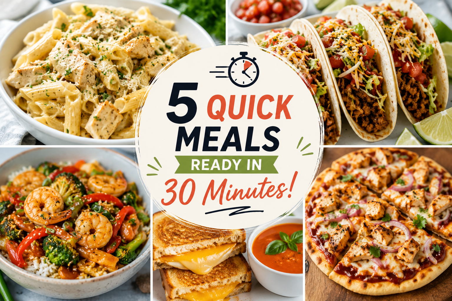 A colorful collage featuring five quick meals including creamy chicken pasta, beef tacos, shrimp stir-fry, grilled cheese with tomato soup, and BBQ chicken flatbread pizza ready in 30 minutes.