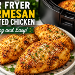 Crispy air fryer Parmesan crusted chicken breast sliced on a plate with golden coating.