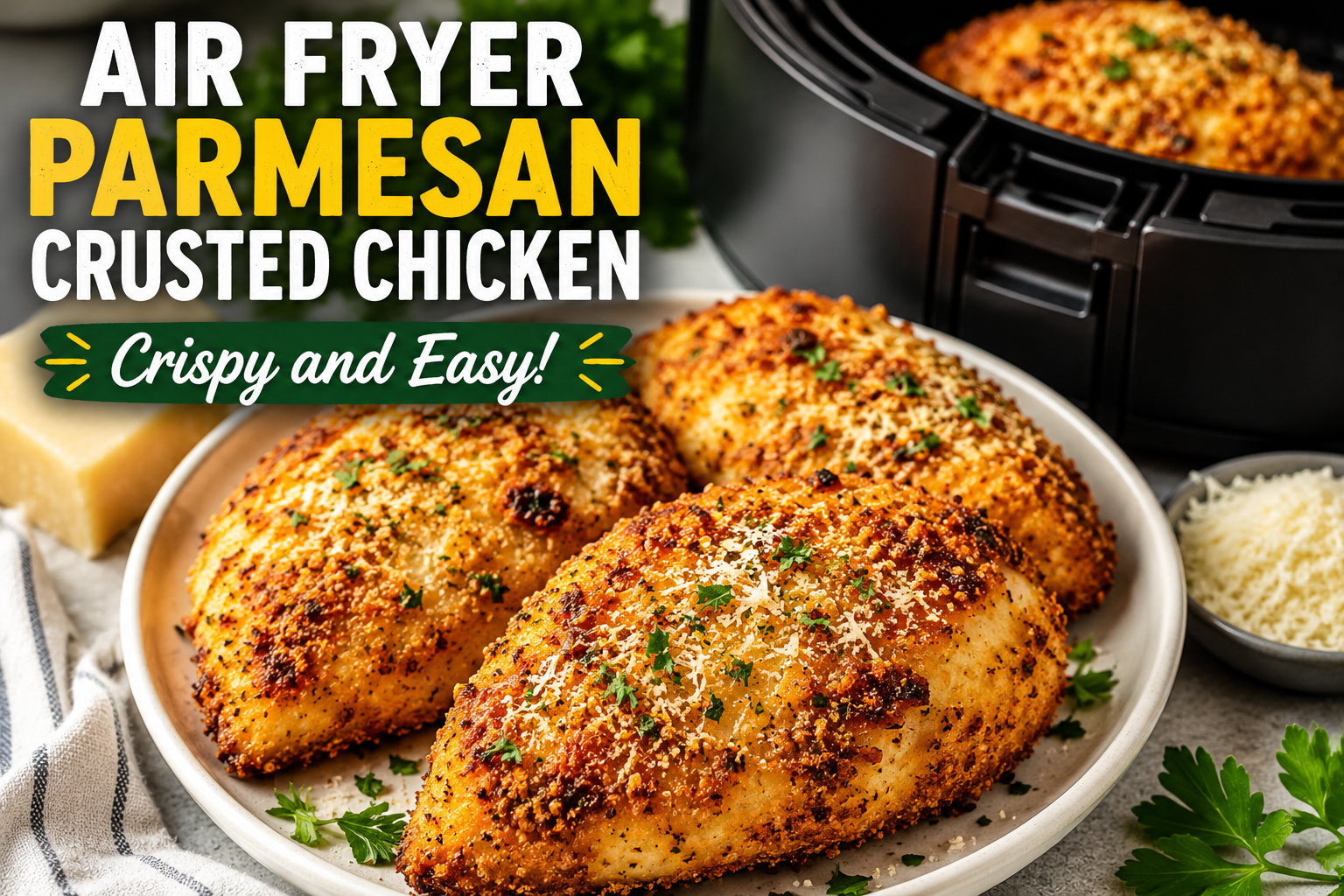Crispy air fryer Parmesan crusted chicken breast sliced on a plate with golden coating.
