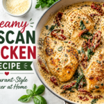 Creamy Tuscan chicken in garlic Parmesan sauce with spinach and sun-dried tomatoes.