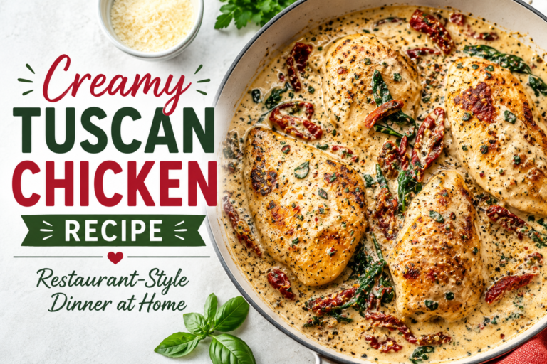Creamy Tuscan chicken in garlic Parmesan sauce with spinach and sun-dried tomatoes.