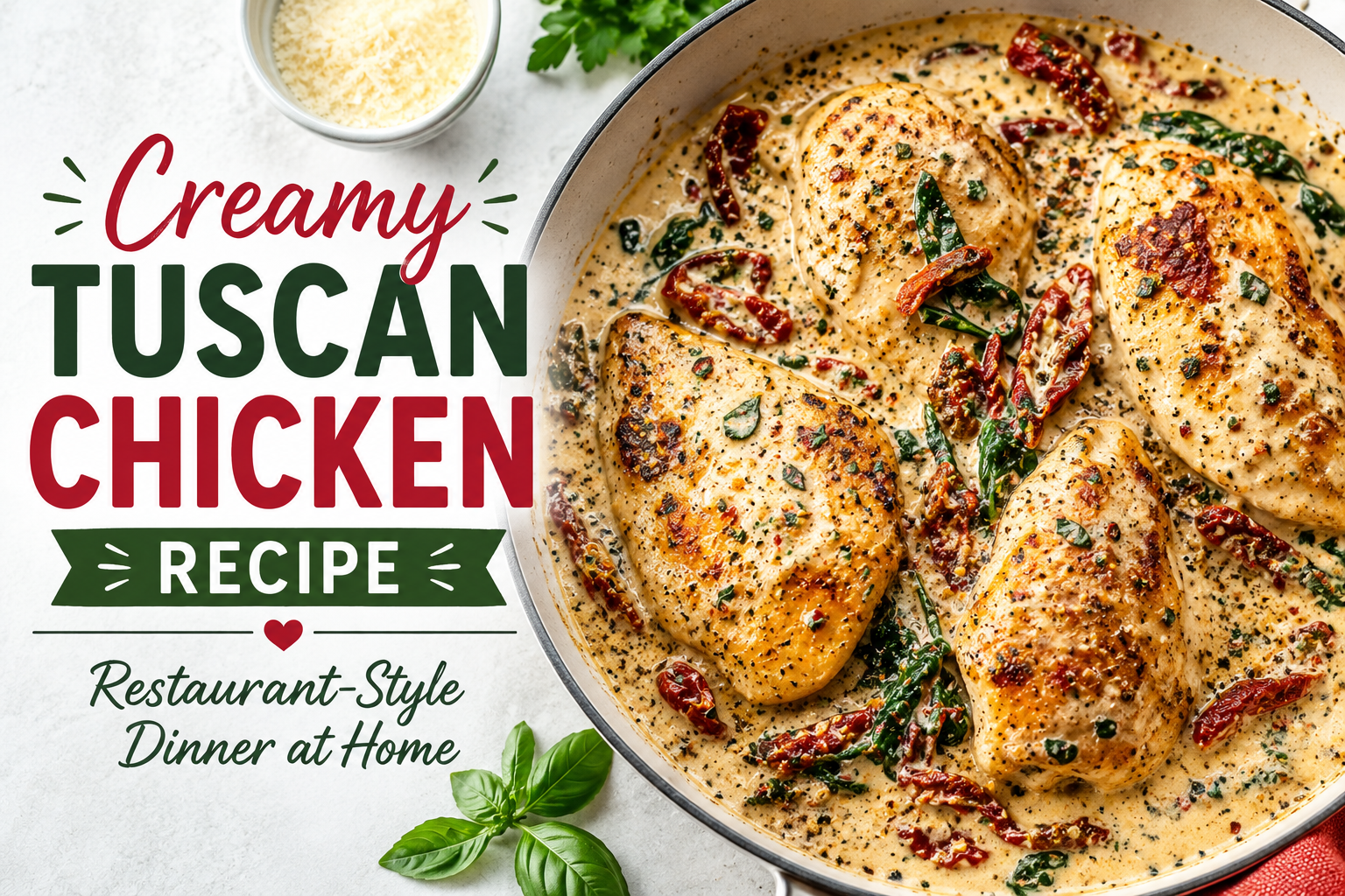 Creamy Tuscan chicken in garlic Parmesan sauce with spinach and sun-dried tomatoes.