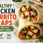 Healthy chicken burrito wraps filled with grilled chicken, avocado, black beans, corn, and lettuce.