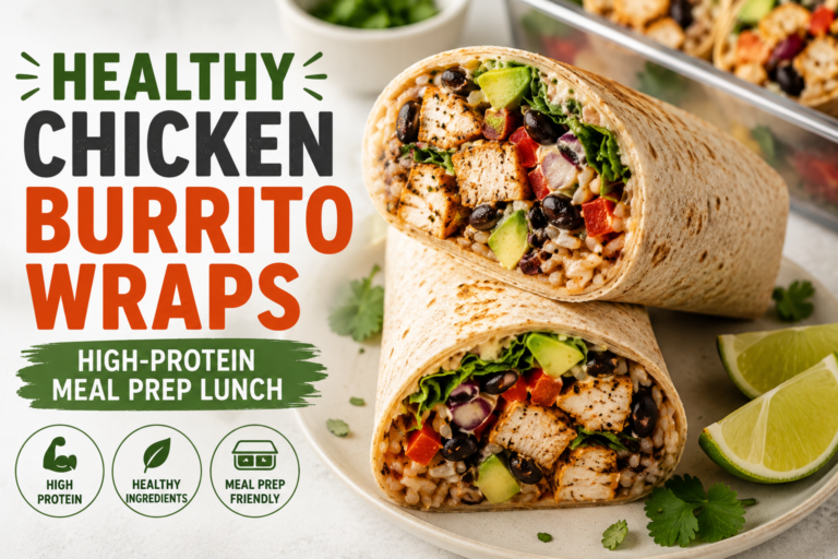 Healthy chicken burrito wraps filled with grilled chicken, avocado, black beans, corn, and lettuce.