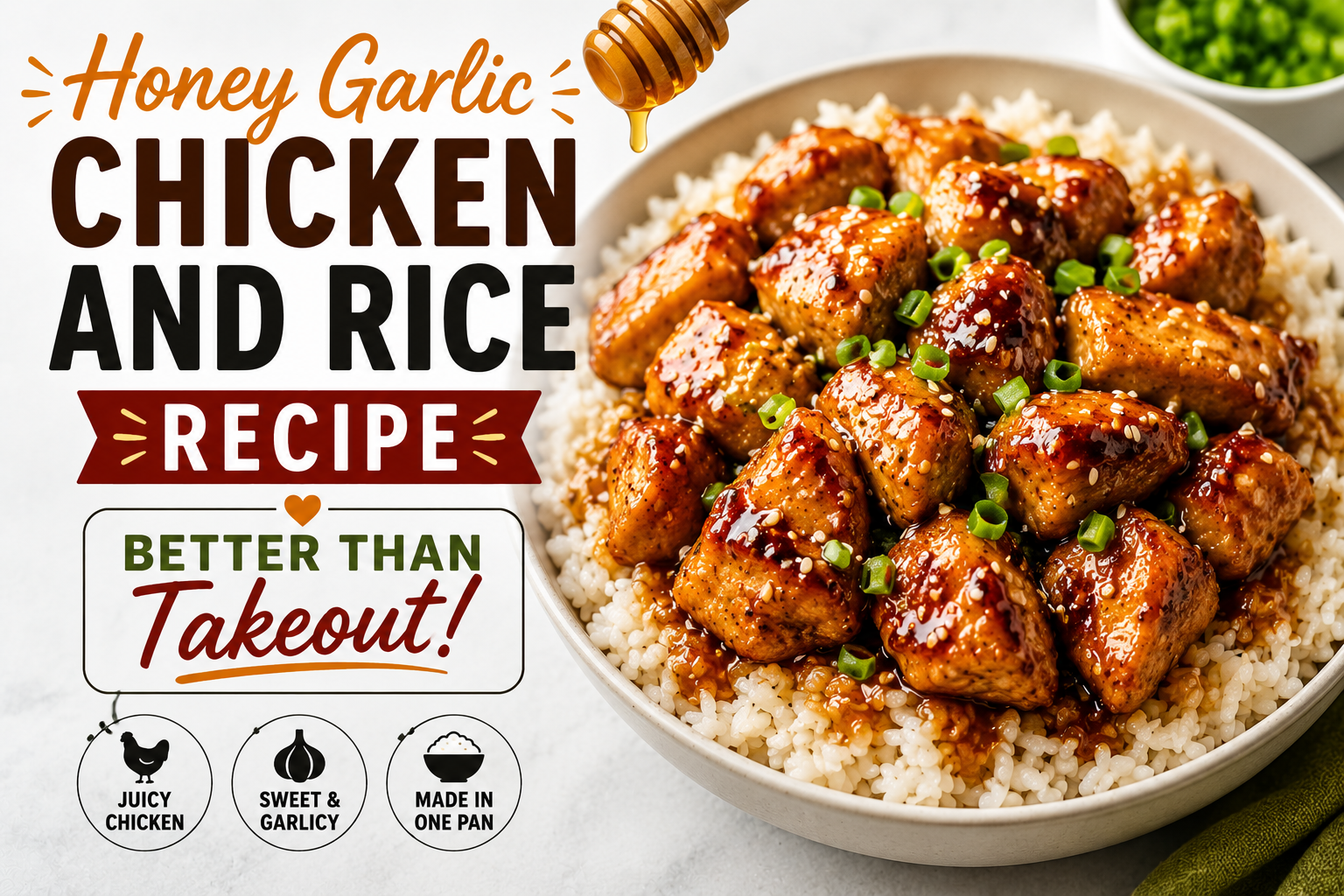 Honey garlic chicken served over white rice with sesame seeds and green onions.