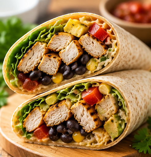 Healthy chicken burrito wraps filled with grilled chicken, avocado, black beans, corn, and lettuce.