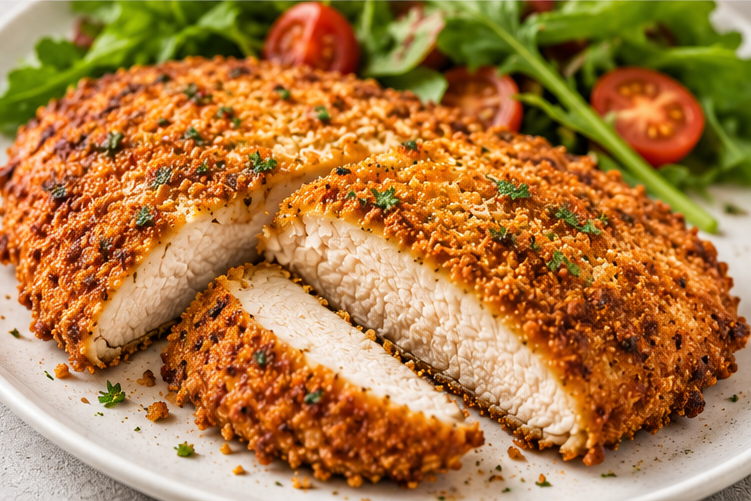 Crispy air fryer Parmesan crusted chicken breast sliced on a plate with golden coating.