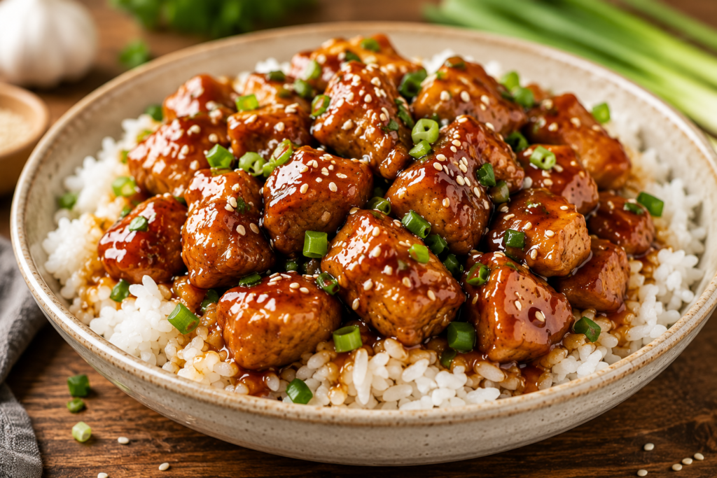 Honey garlic chicken served over white rice with sesame seeds and green onions.