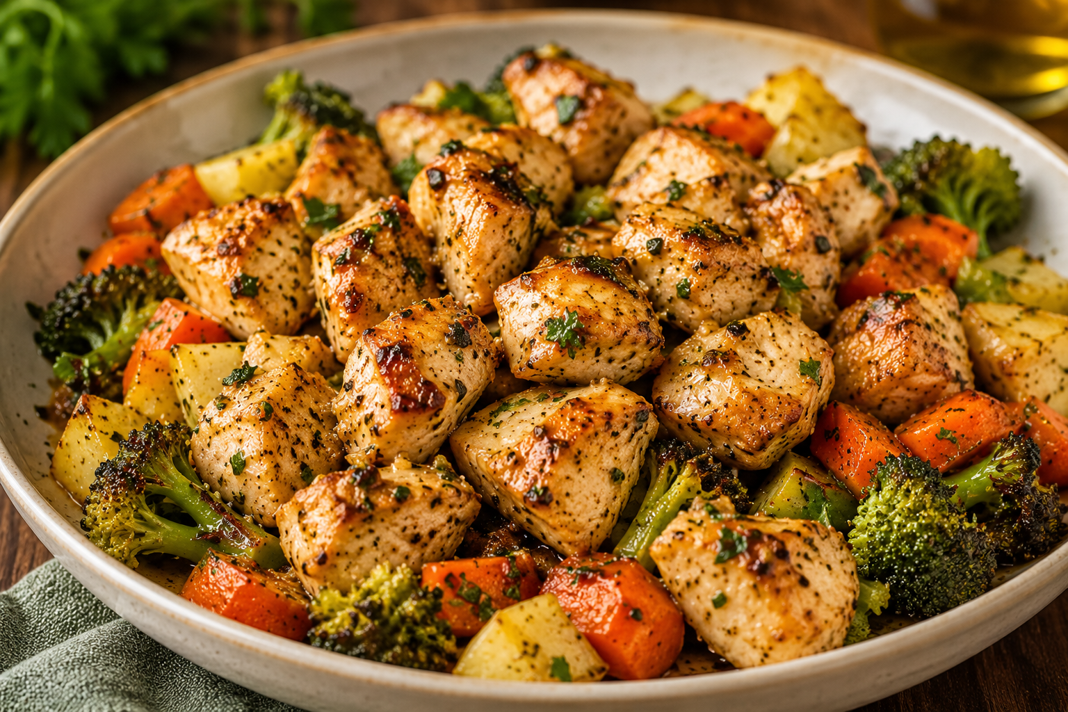 Garlic butter chicken bites served with roasted broccoli, carrots, and vegetables in a bowl.