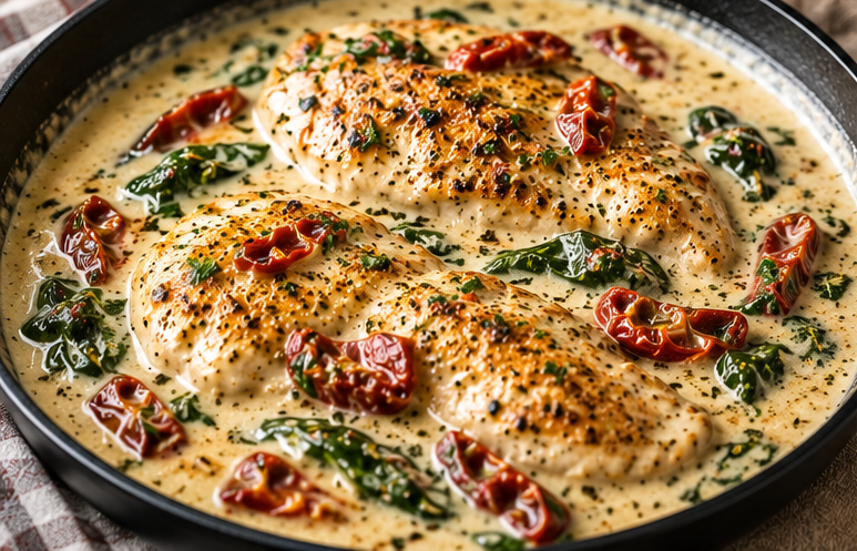 Creamy Tuscan chicken in garlic Parmesan sauce with spinach and sun-dried tomatoes.